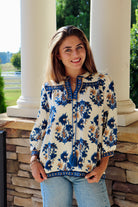 Blue & Taupe Floral Fall Print 3/4 Sleeve Blouse with tassels 
