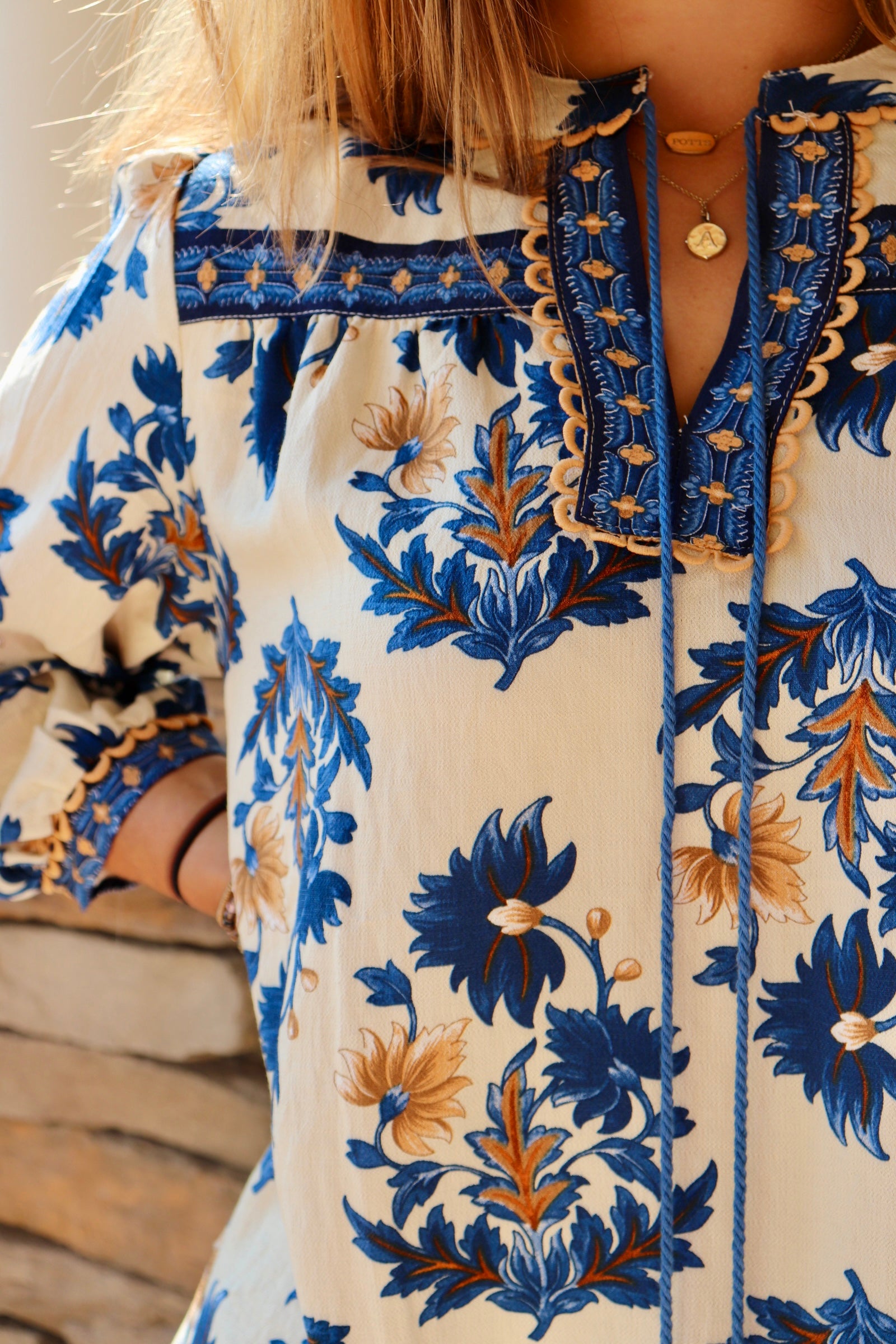 Blue & Taupe Floral Fall Print 3/4 Sleeve Blouse with tassels 