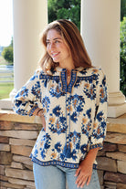 Blue & Taupe Floral Fall Print 3/4 Sleeve Blouse with tassels 