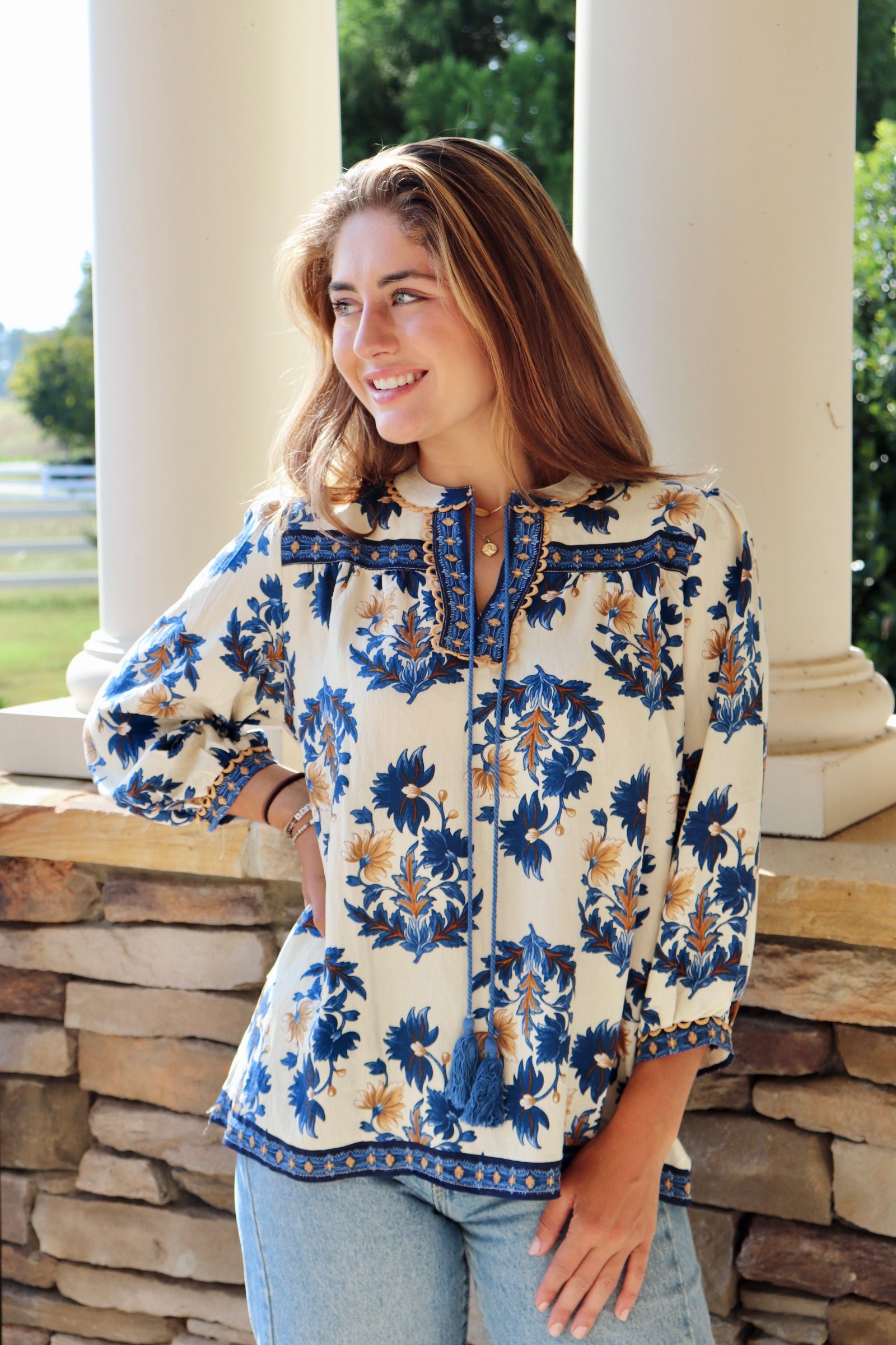 Blue & Taupe Floral Fall Print 3/4 Sleeve Blouse with tassels 