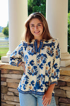 Blue & Taupe Floral Fall Print 3/4 Sleeve Blouse with tassels 