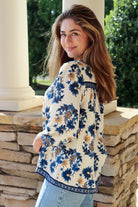 Blue & Taupe Floral Fall Print 3/4 Sleeve Blouse with tassels 