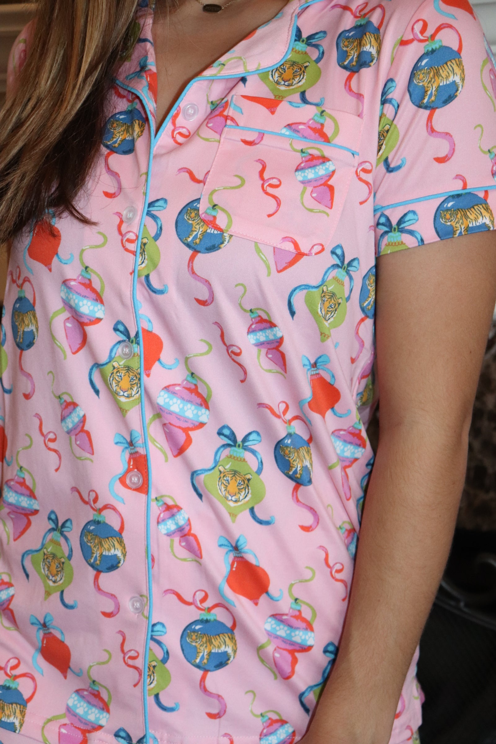 Pink Tiger Christmas Short Sleeve Button Up PJ's
