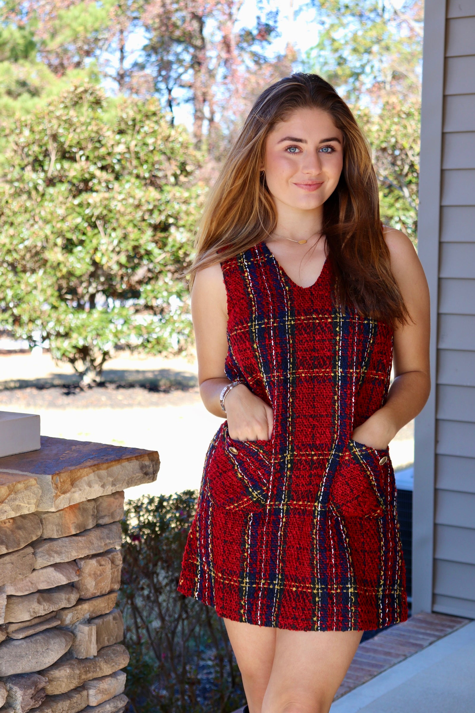 Sleeveless Tweed Red Plaid Dress