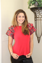 Red Plaid Pearl Ruffle Shoulder Top