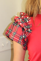 Red Plaid Pearl Ruffle Shoulder Top
