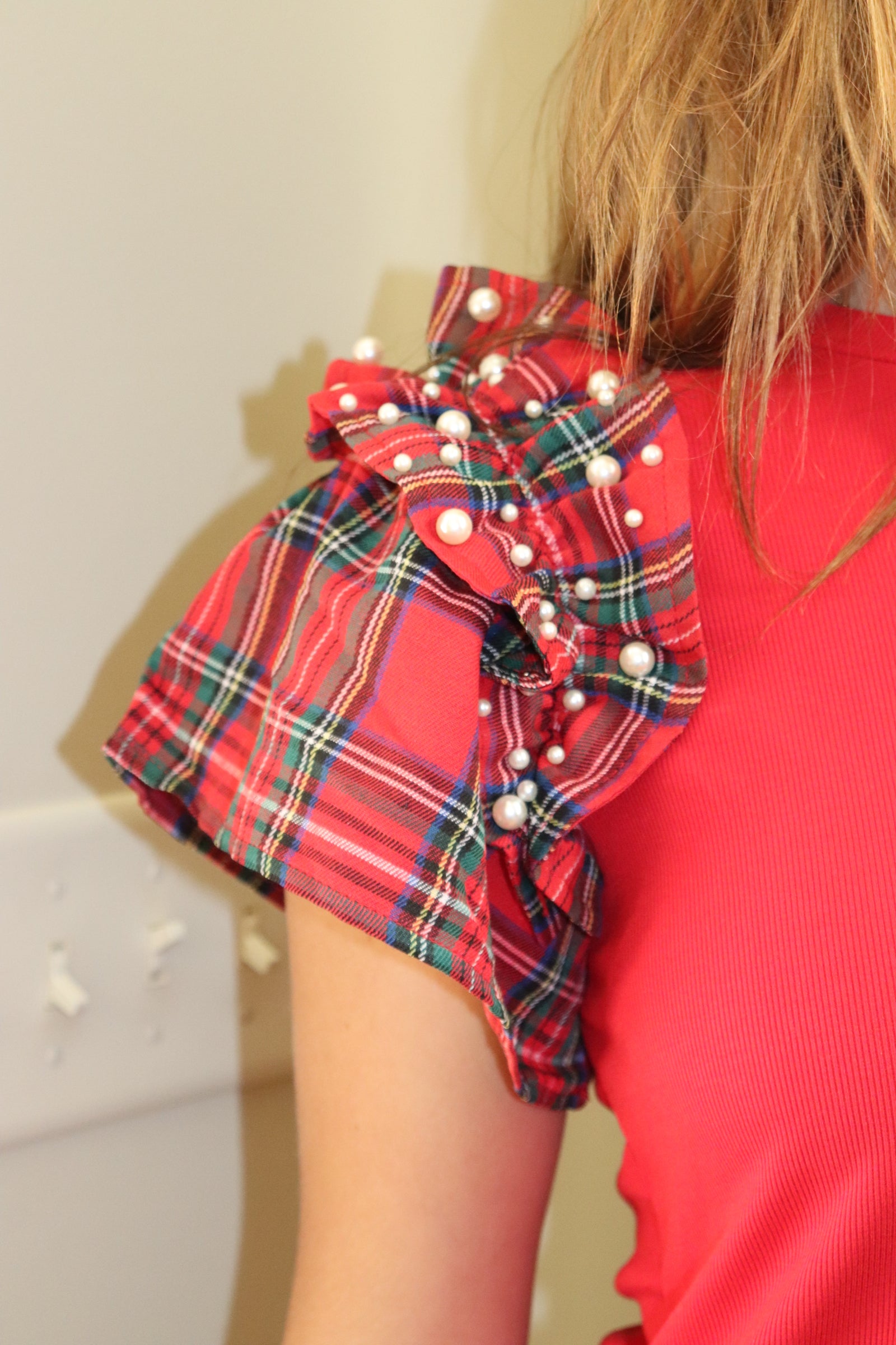 Red Plaid Pearl Ruffle Shoulder Top