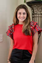 Red Plaid Pearl Ruffle Shoulder Top