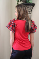 Red Plaid Pearl Ruffle Shoulder Top