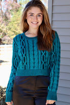 Teal Cable Knit Cropped Sweater