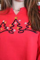 Christmas Tree Embroidered Cropped Red Sweatshirt
