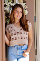 Taupe & brown Square Pattern V-Neck Knit Vest