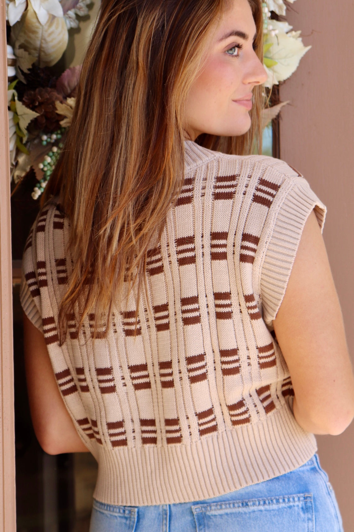 Taupe & brown Square Pattern V-Neck Knit Vest