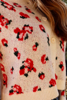 Cream cardigan with red & navy flowers features a delicate floral pattern