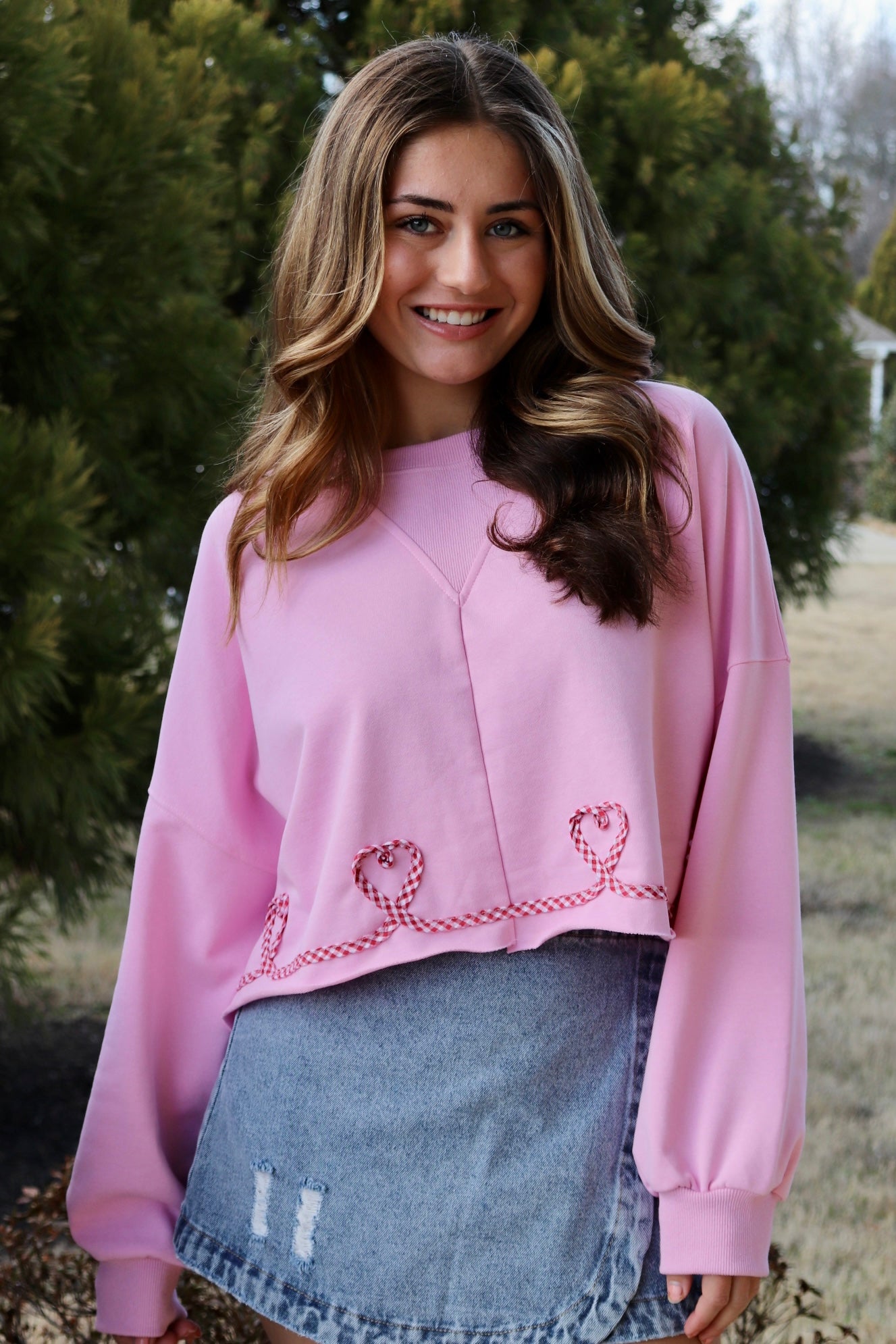 Pink Pullover with Gingham Heart ribbon design