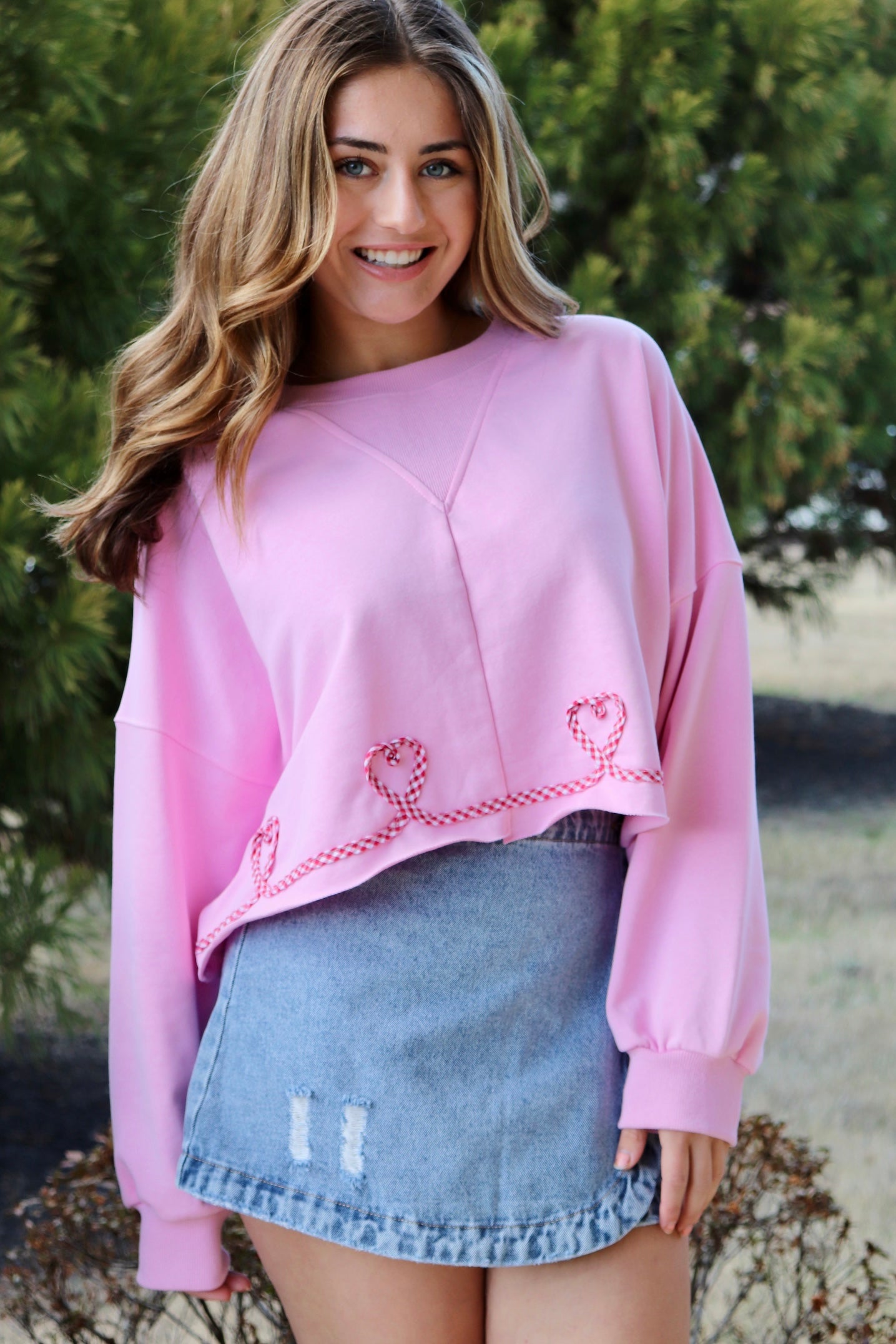Pink Pullover with Gingham Heart ribbon design