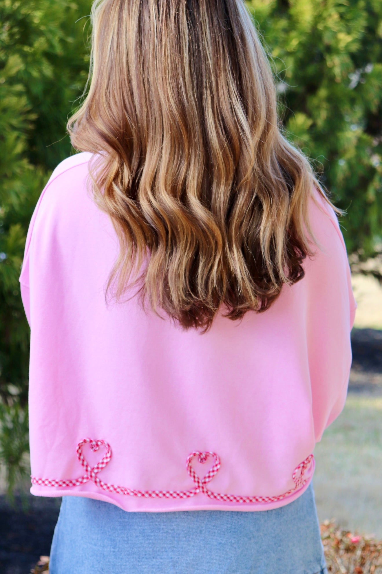 Pink Pullover with Gingham Heart ribbon design