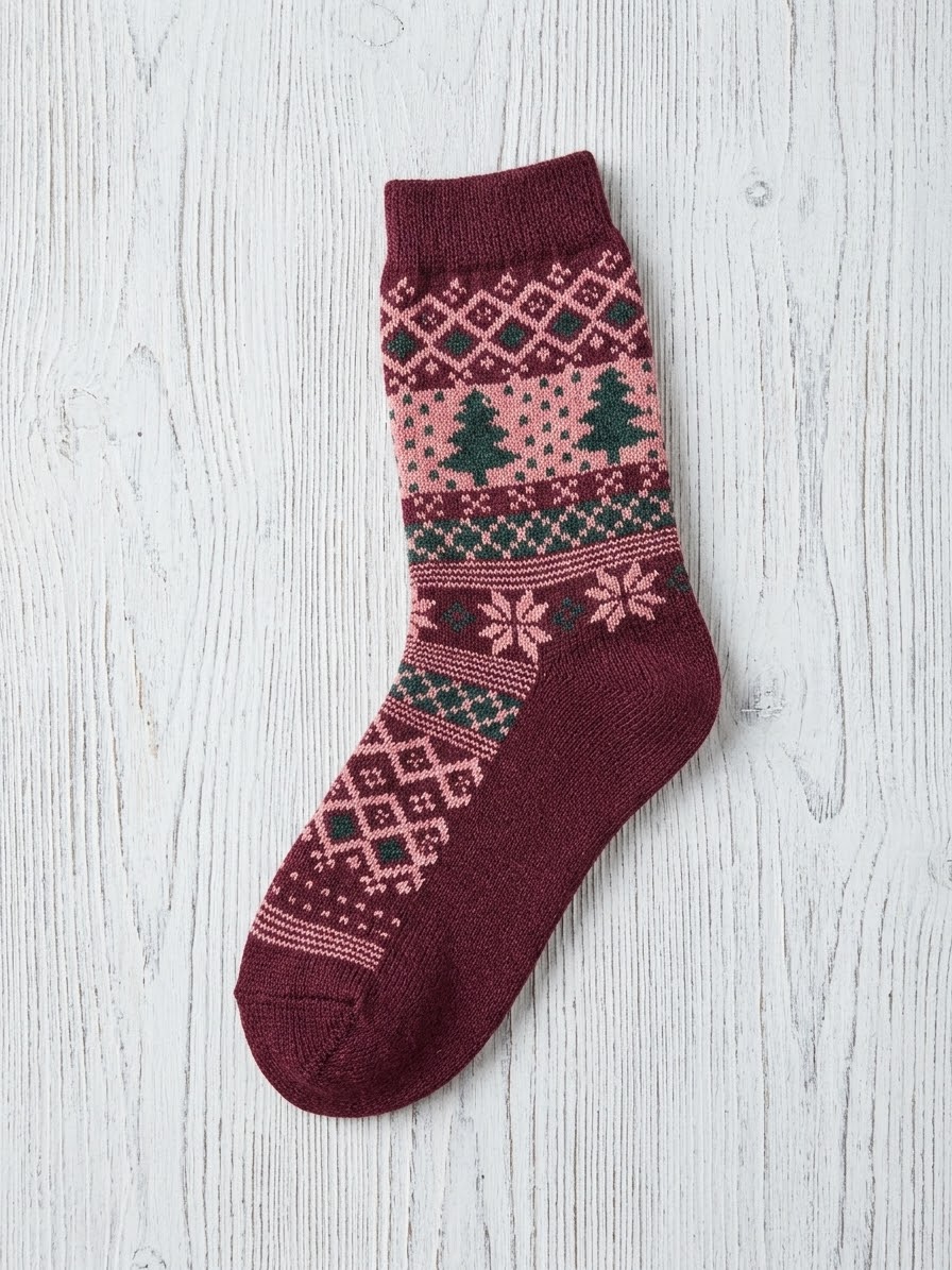 Maroon Christmas Tree Cozy Cabin Socks