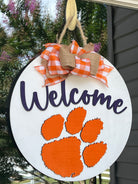 Clemson "Welcome" Door Hanger, Purple welcome, orange paw, burlap and orange plaid bow