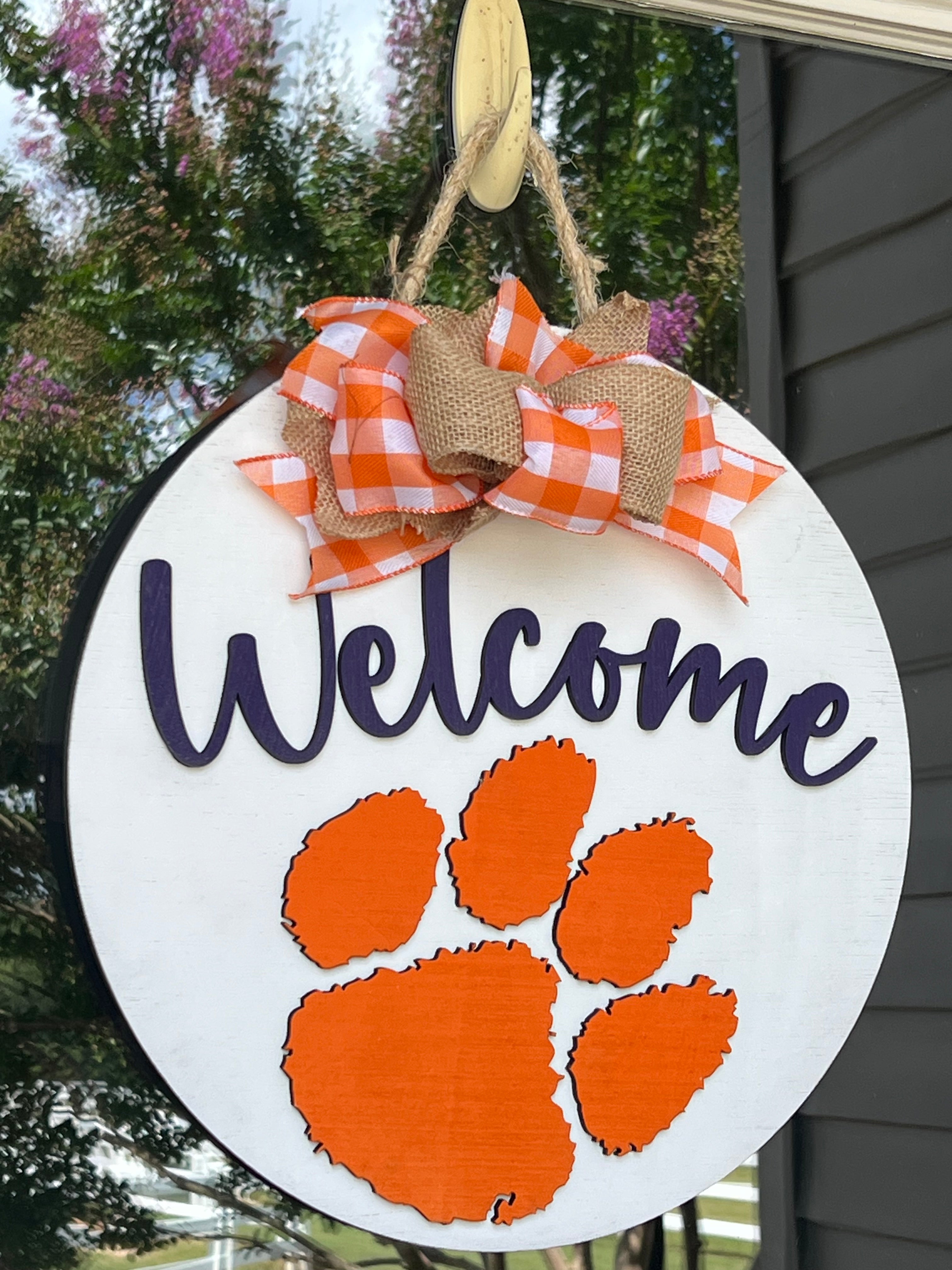 Clemson "Welcome" Door Hanger, Purple welcome, orange paw, burlap and orange plaid bow