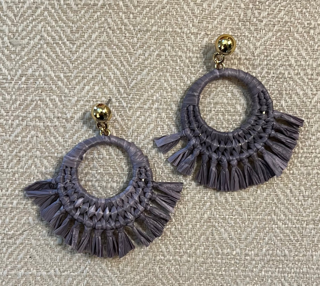 Gray Raffia Tassel Circle Earrings