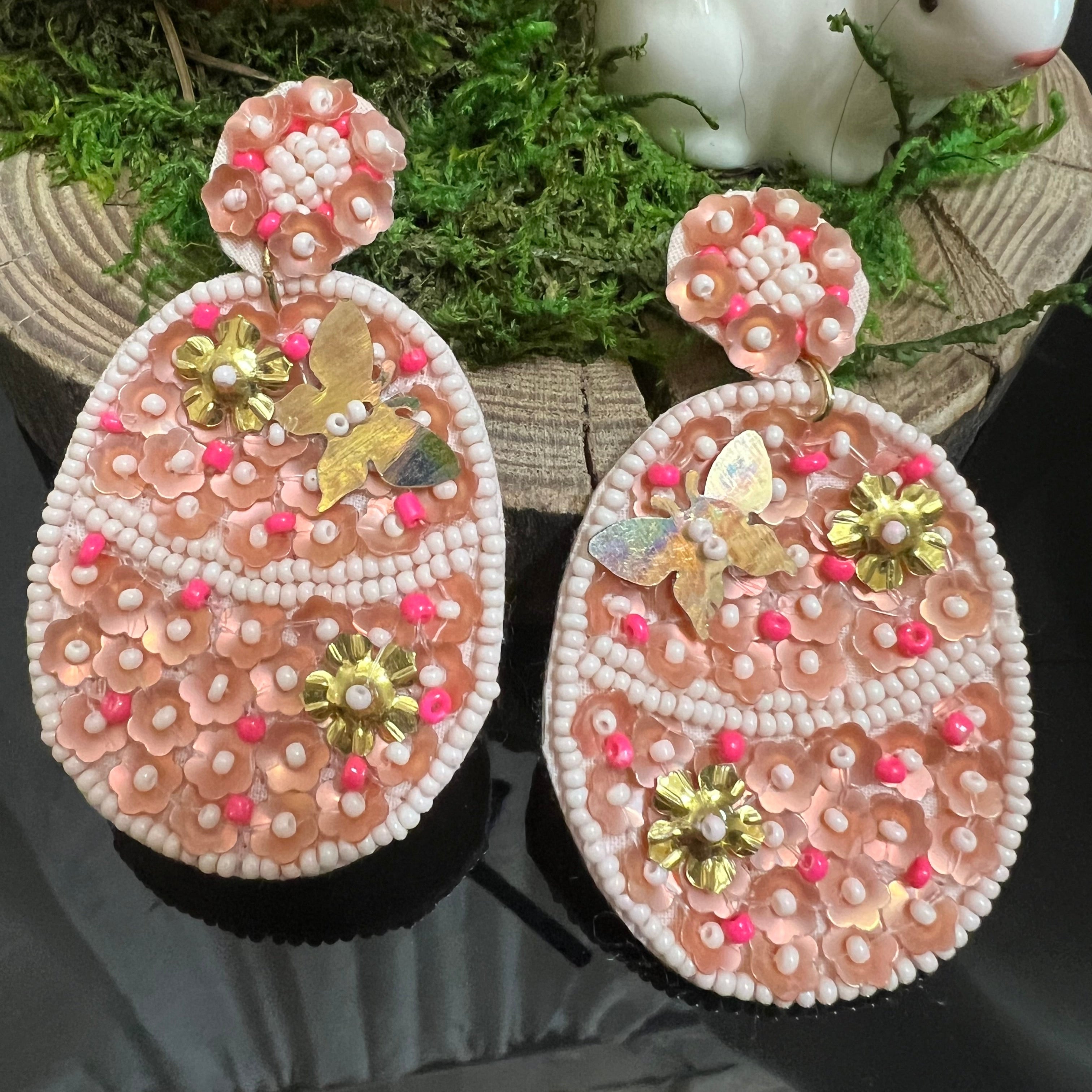 pink easter egg seed bead earrings