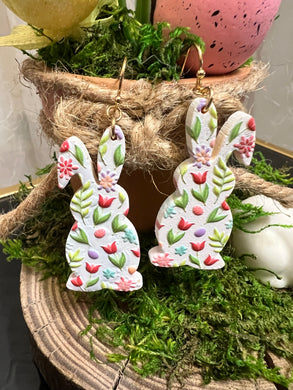 wood bunny floral design dangle earrings