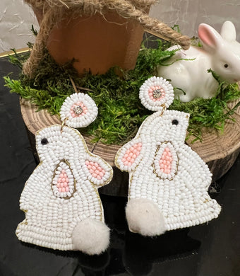 white bunny seed bead earrings