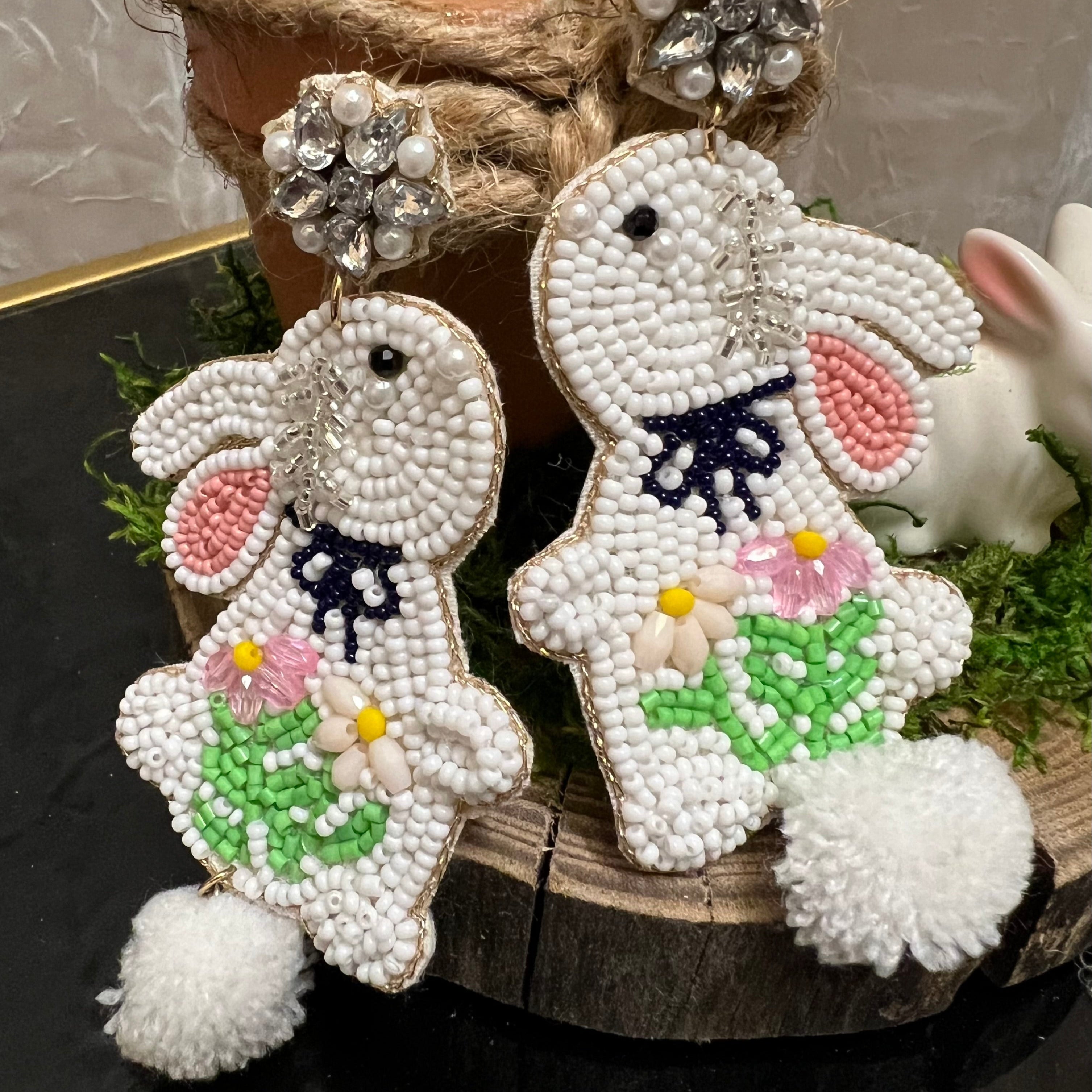 white bunny seed bead cotton tail pom pom dangle earrings rhinestones