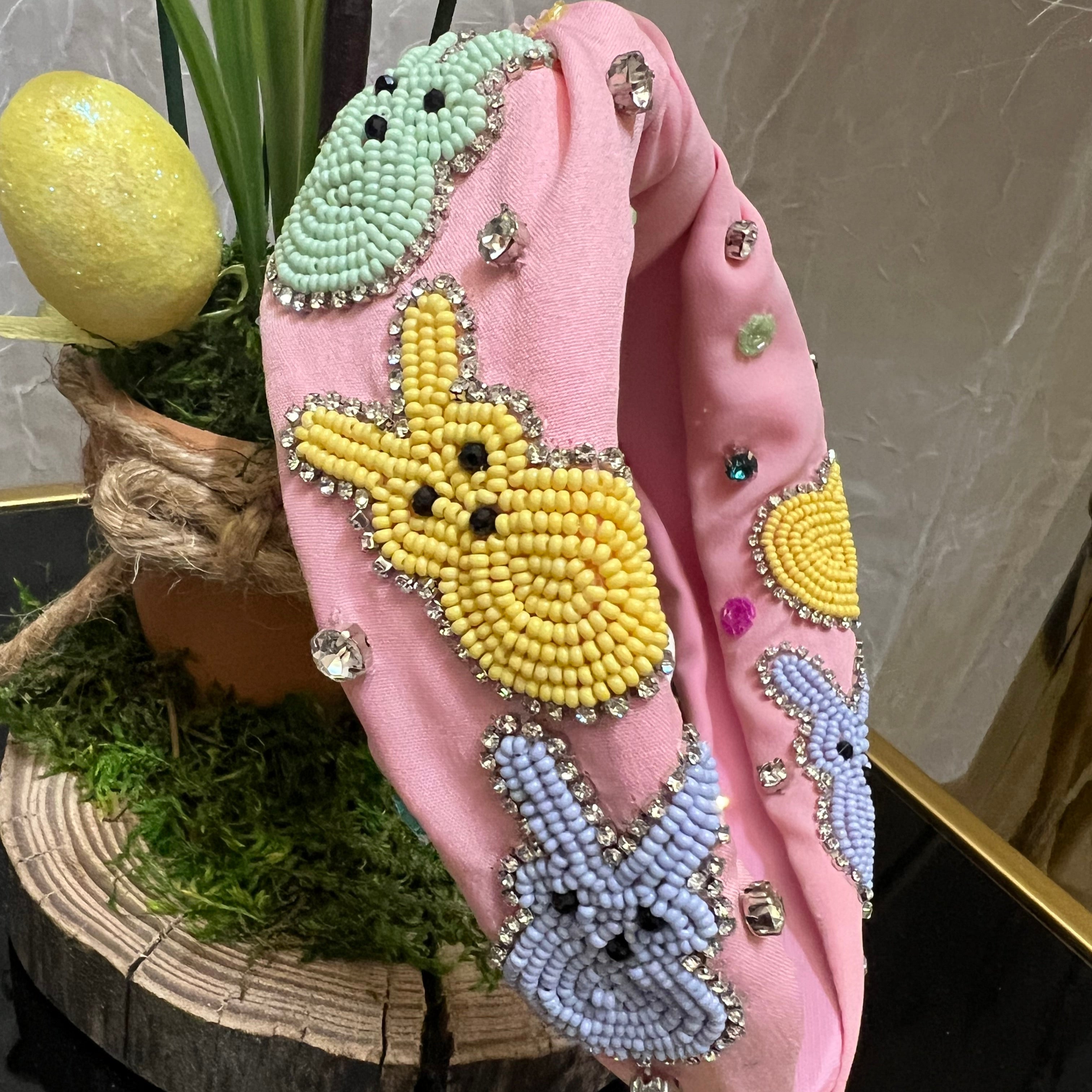 pink headband colorful seed bead peeps bunny rabbits