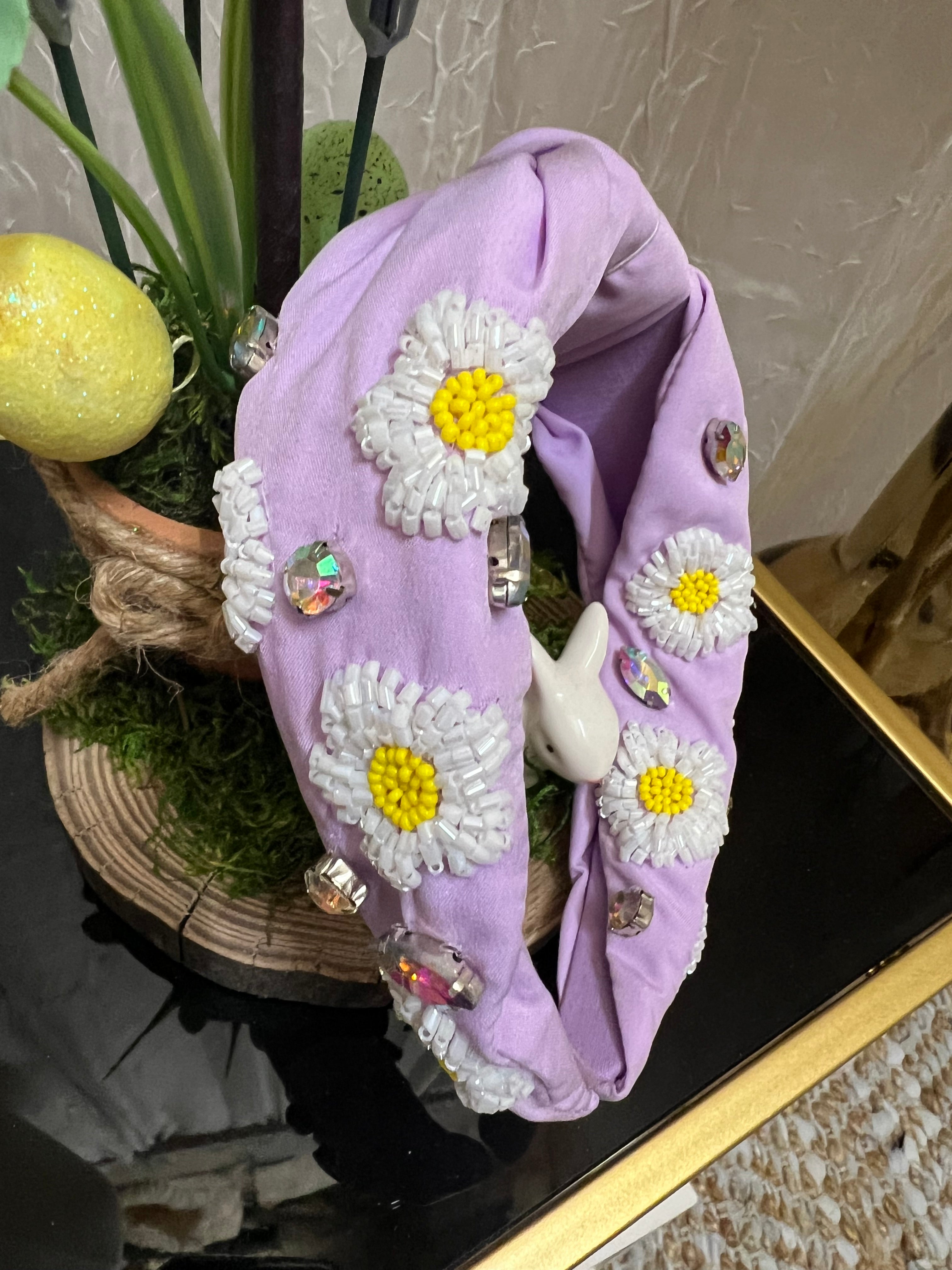 purple daisy seed bead headband