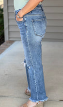 Load image into Gallery viewer, High rise waist, stretch, distressed,, frayed hem, cropped length, slim fit, straight leg jeans 

