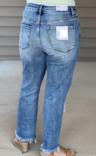High rise waist, stretch, distressed,, frayed hem, cropped length, slim fit, straight leg jeans 