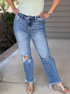 High rise waist, stretch, distressed,, frayed hem, cropped length, slim fit, straight leg jeans 