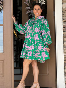 green pink floral mini dress long sleeve button down