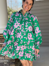 Load image into Gallery viewer, green pink floral mini dress long sleeve button down
