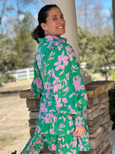 green pink floral mini dress long sleeve button down