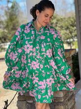 Load image into Gallery viewer, green pink floral mini dress long sleeve button down

