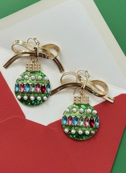 Gold Bow Green Ornament Earrings