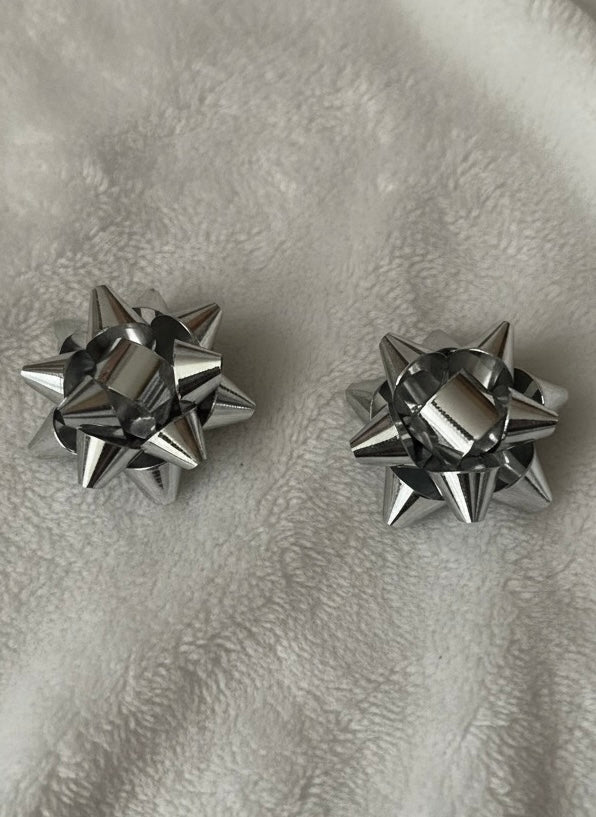 silver Gift Bow Stud Earrings