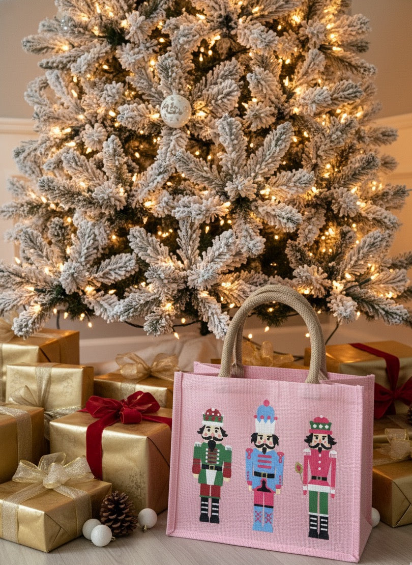 Pink bag with nutcrackers Burlap Holiday Totes