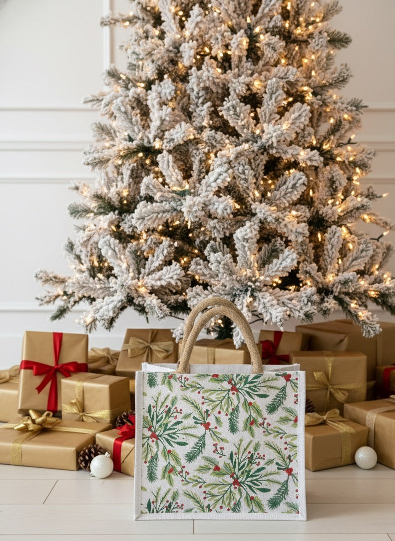 Holly Burlap Holiday Totes