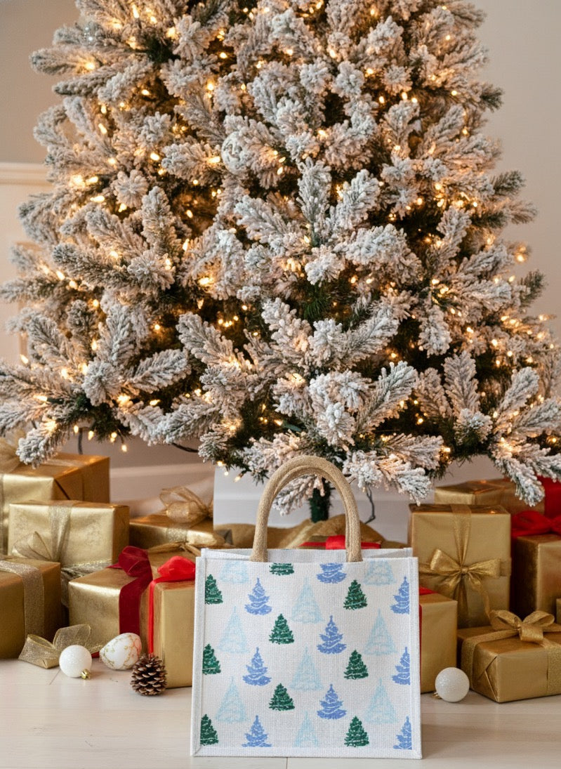 Green & blue christmas tree Burlap Holiday Totes