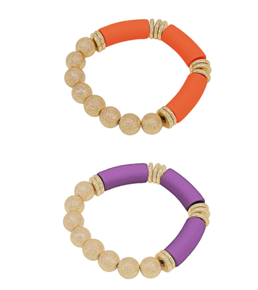 orange & purple & gold bead stretch bracelets