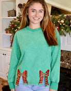Plaid Bow Embroidered Green Sweatshirt