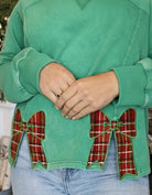 Plaid Bow Embroidered Green Sweatshirt
