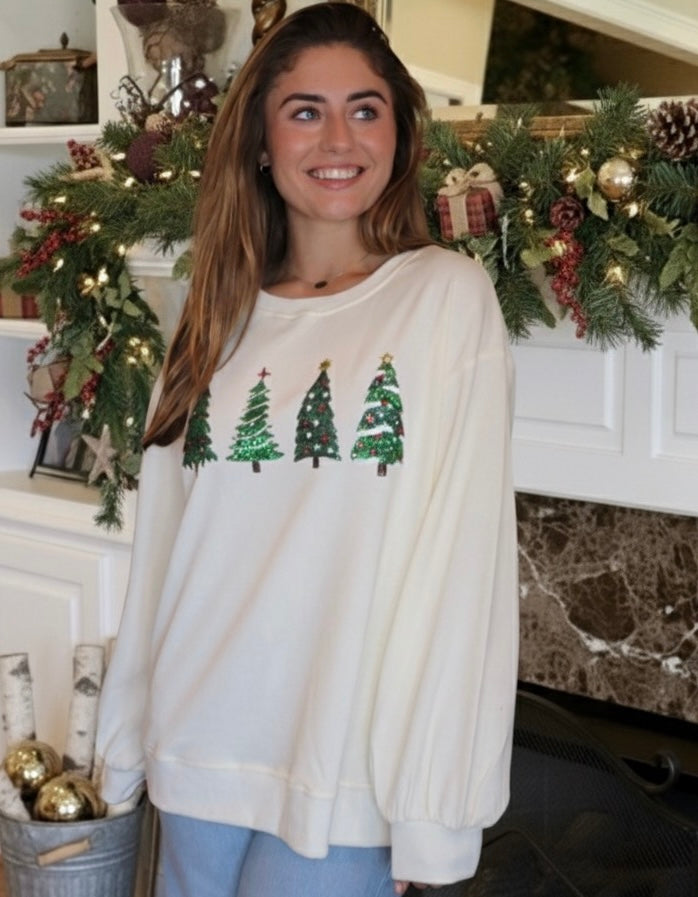 Cream sweatshirt with Green Sequin Christmas Trees