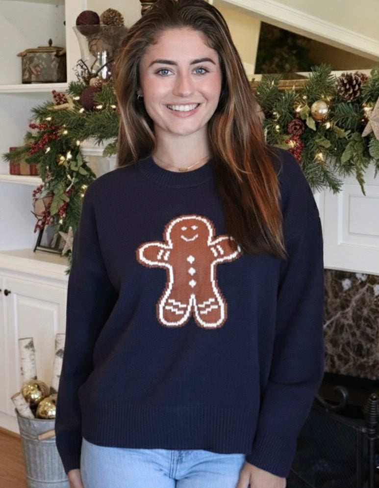 Navy Sweater with a brown gingerbread man