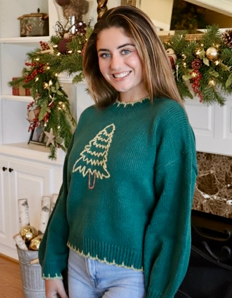 "Christmas Tree" Stitched Green Sweater