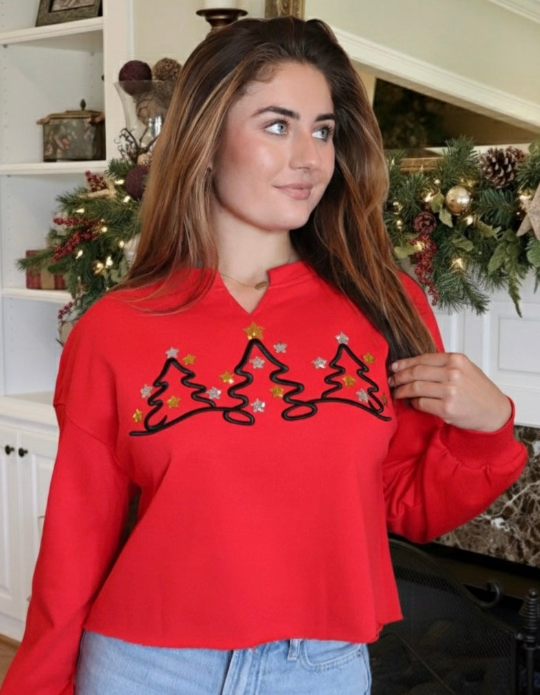 Christmas Tree Embroidered Cropped Red Sweatshirt